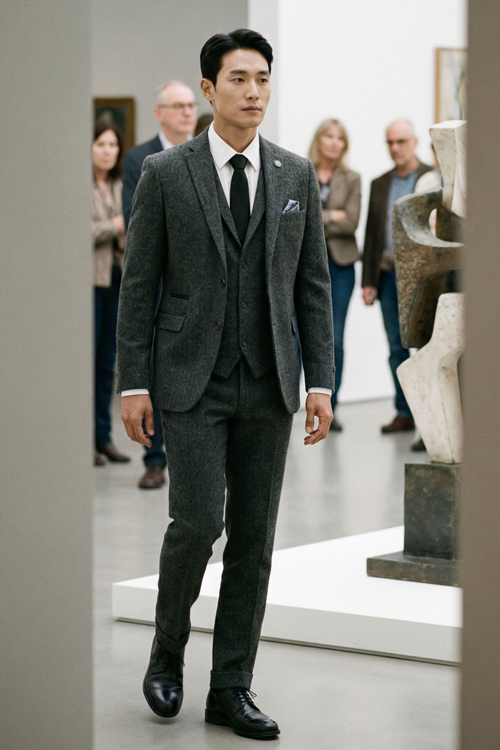 Мъжки костюм от 3 части от туид с рилена кост в тъмносив цвят - STZ11