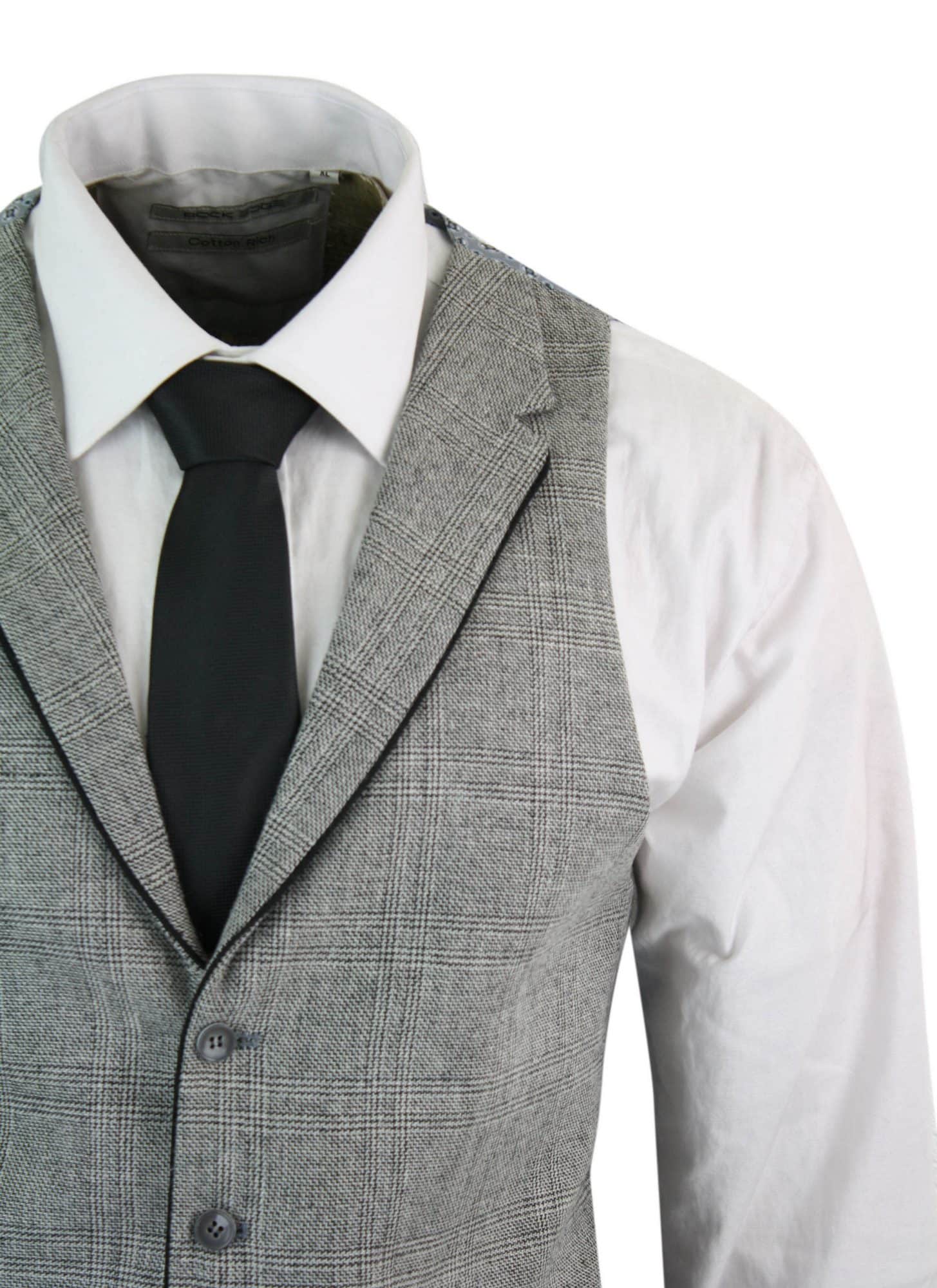 Mens Waistcoat Wool Check Herringbone Tweed Brown Black Classic Vintage Fit