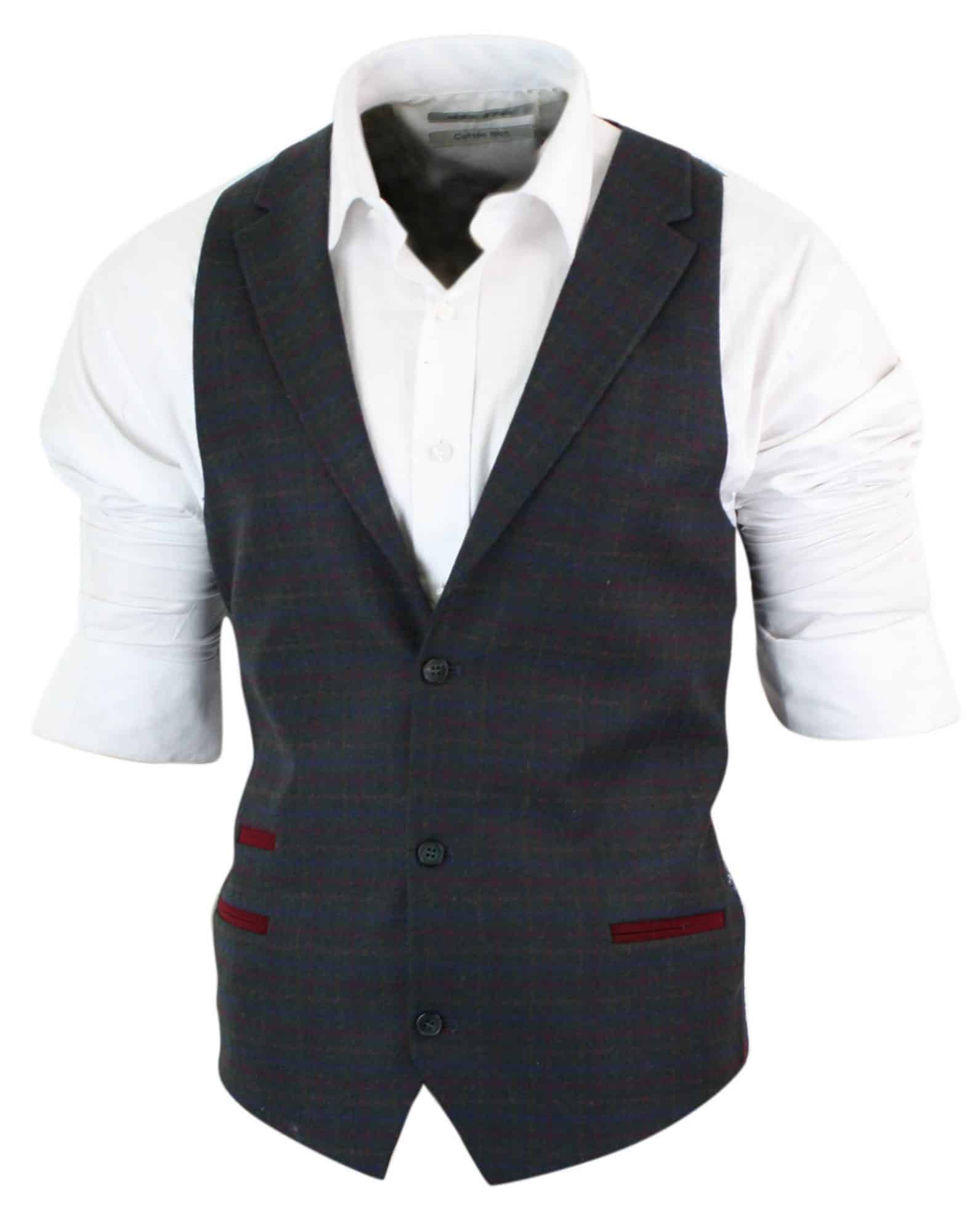 Mens Waistcoat Wool Olive Green with Red Blue Brown Check Tweed Classic Vintage Tailored Fit