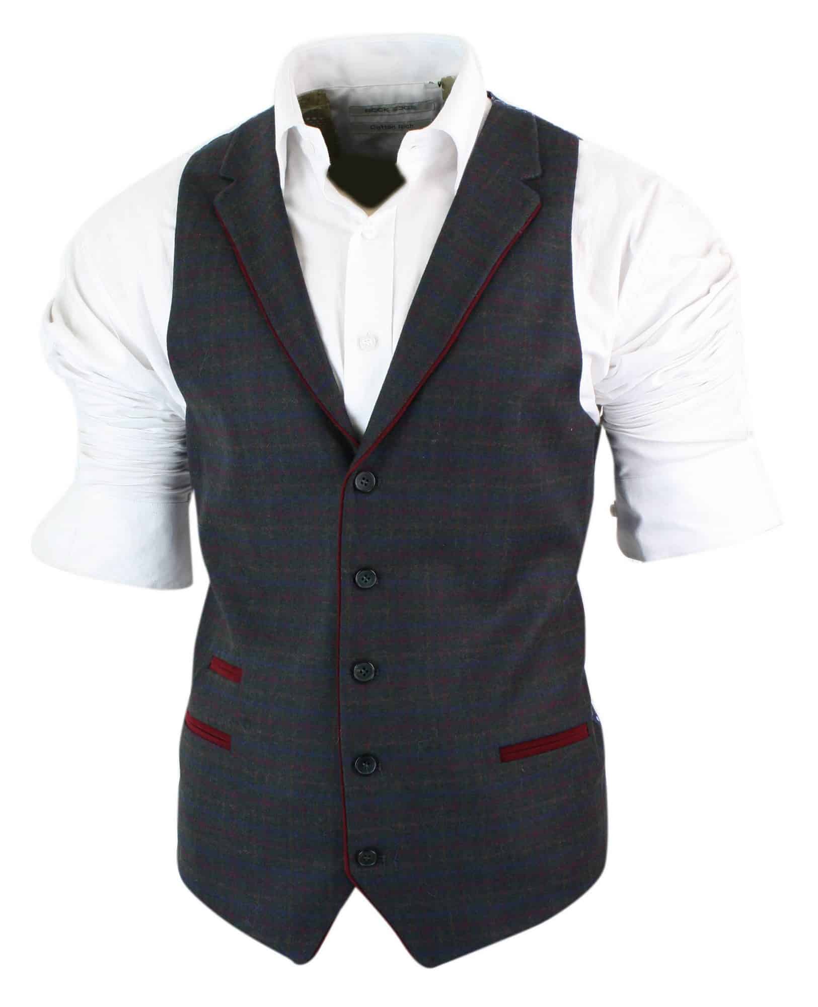 Mens Waistcoat Wool Olive Green with Red Blue Brown Check Tweed Classic Vintage Tailored Fit