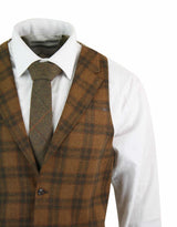 Mens Waistcoat Wool Tan Brown Check Tweed Classic Vintage Tailored Fit