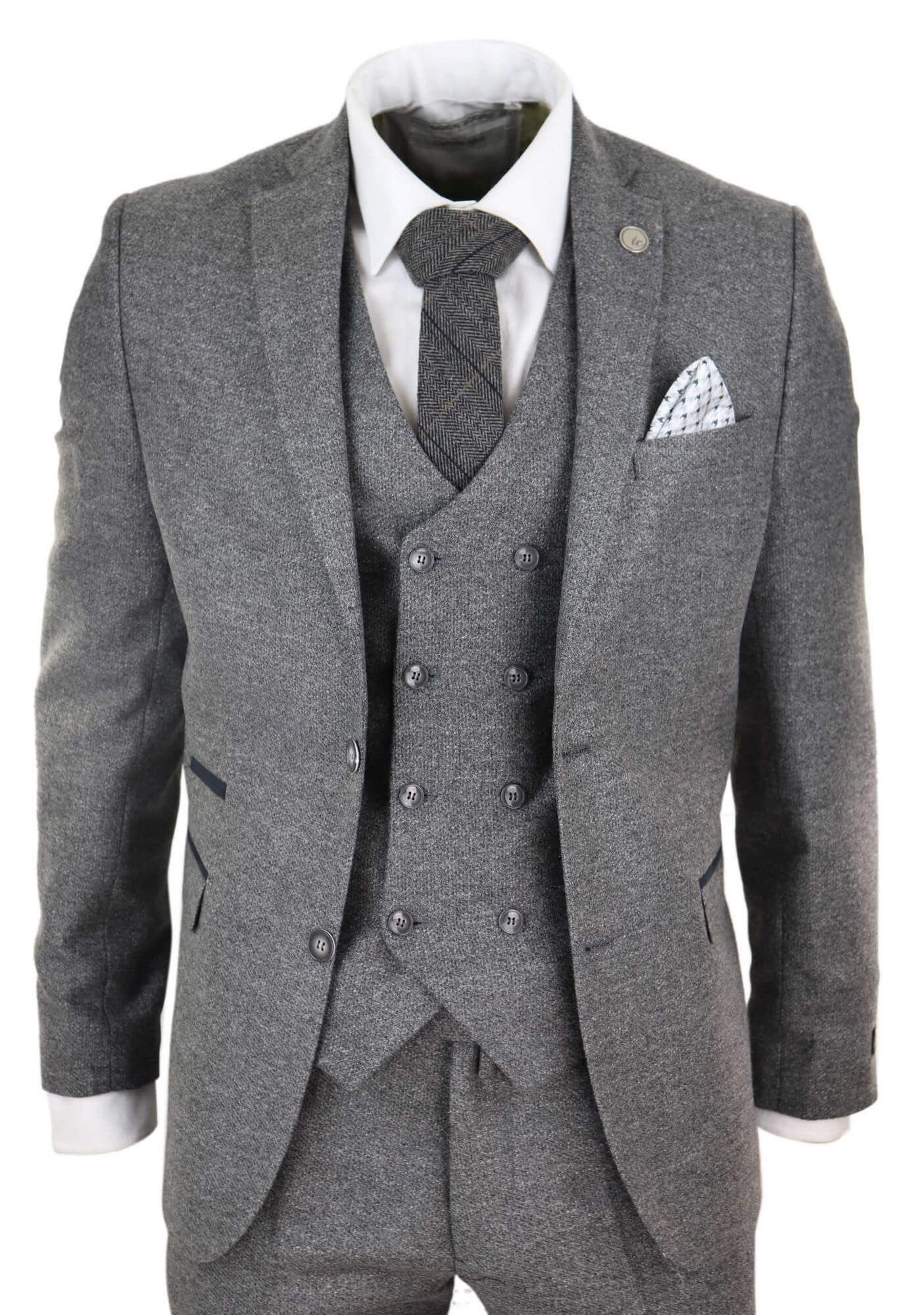 Mens 3 Piece Grey Suit with Double Breasted Waistcoat