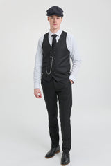 Мъжки черен костюм от 3 части на райета