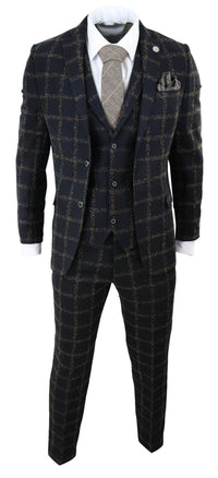 Mens Black - Tan Check Tweed 3 Piece Suit
