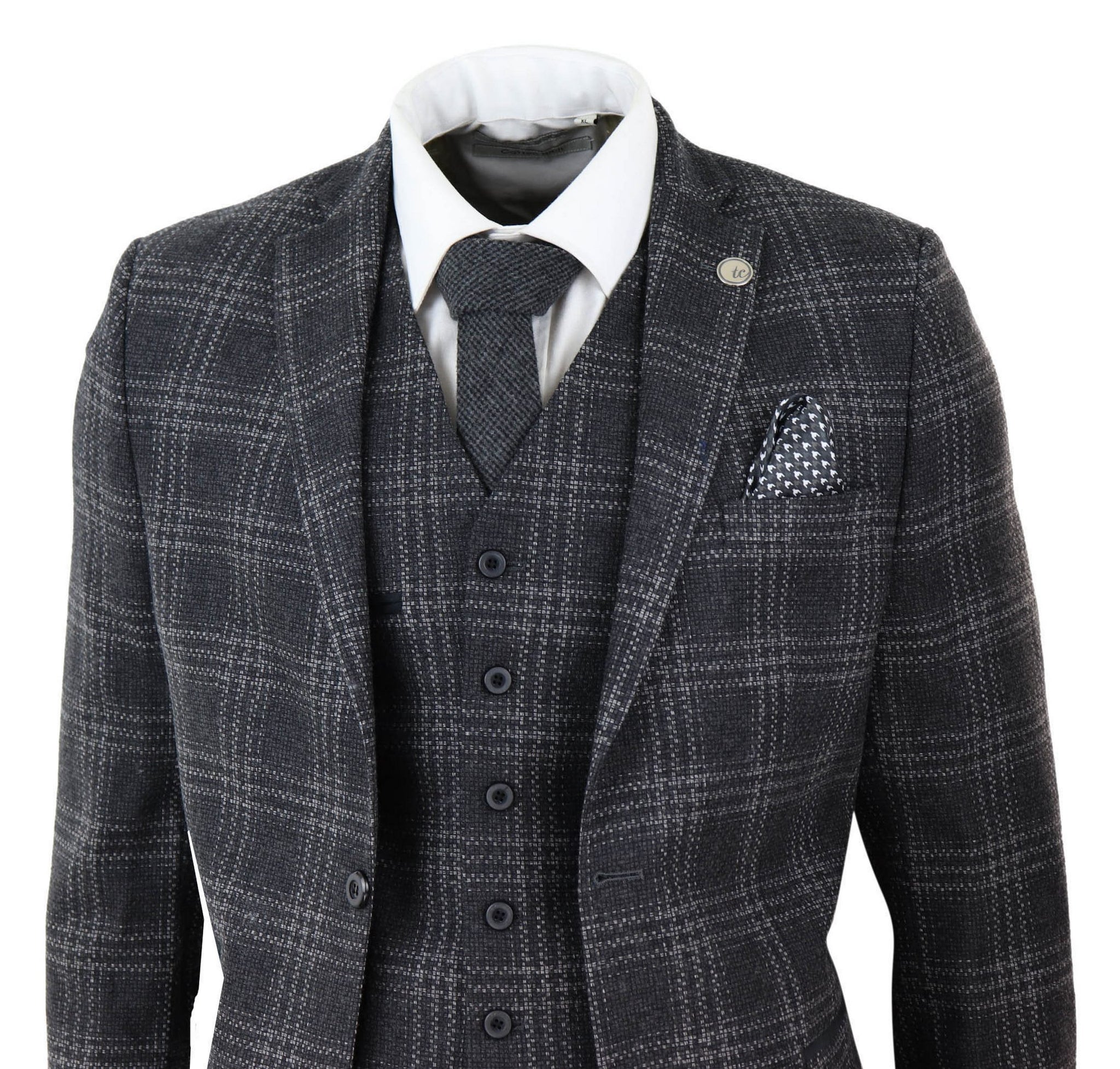Mens Charcoal-Grey Check Tweed 3 Piece Suit