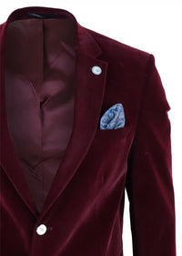 Mens Velvet Blazer Suit Jacket 2 Button Dinner Smart Casual Formal Tailored Fit - Wine