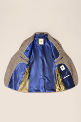 Мъжки костюм от 3 части, туид с риленска кост, кафяв, кариран, вталени кройки, двоен класически