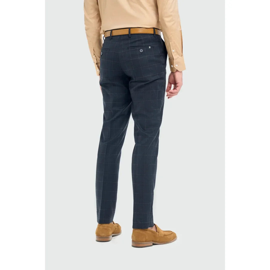 Торино - Мъжки официални панталони в тъмносиньо на каре