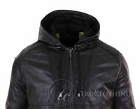 Mens Real Leather Bomber Hood Jacket - Black