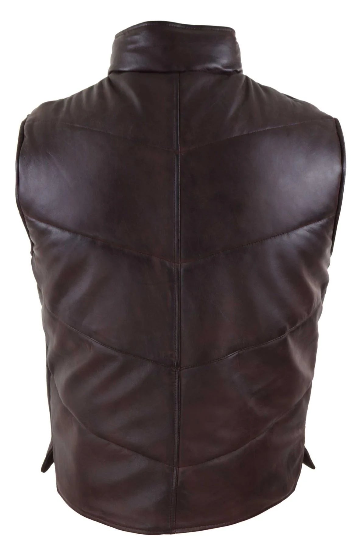 Mens Real Leather Waistcoat Gilet Quilted Puffer Design Warm Zip Casual Brown